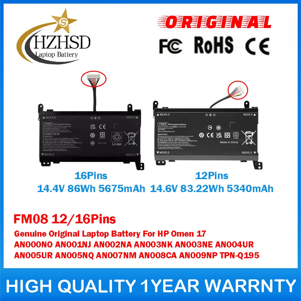 FM08 12/16Pins Genuine Original Laptop Battery For HP Omen 17 AN000NO AN001NJ AN002NA AN003NK AN003NE AN004UR AN005UR AN005NQ