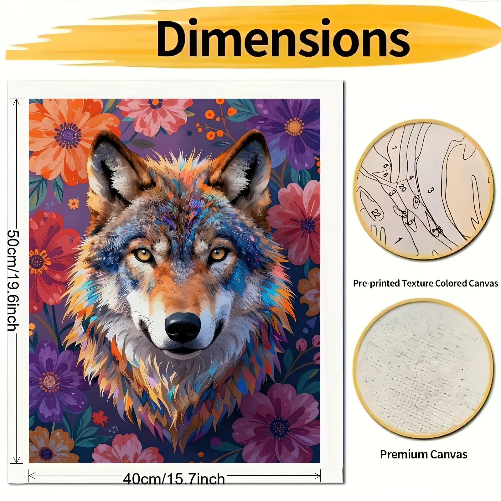 [2D Flat Frameless][Professional Art Use] Paint by Numbers Oil Painting Kit, Wild Wolf Head with Colorful Fur on a Colorful Flor