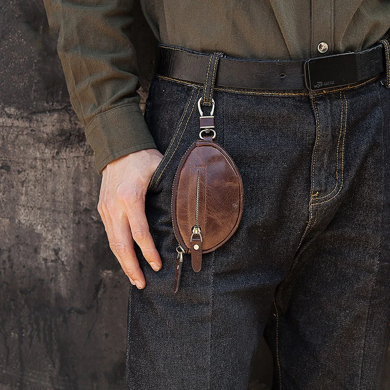 Bolso para llaves de coche de cuero genuino de alta calidad, bolso para llaves informal y a la moda, monedero con cremallera y cadena de cuero de vaca de primera capa