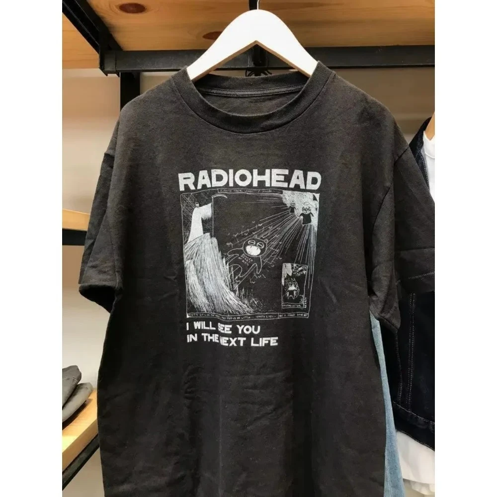 جديد القطن طباعة سوبر مطاطا عادية راديوهيد الانحناء خمر الرجال النساء تي شيرت عادية الجولة الرقبة فضفاض المعتاد تي شيرت