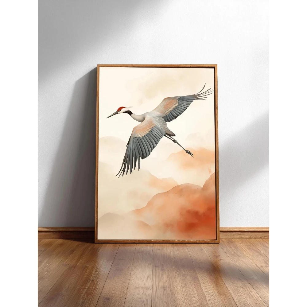 2026 Minimalist Japanese Bamboo Forest Crane Nature Print: Zen Stream, Japandi Wall Art Minimal Botanical Print in Neutral Tones