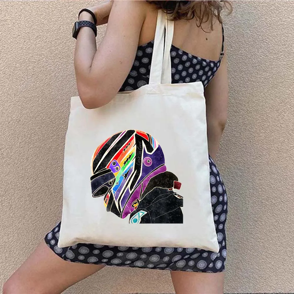 F1 Lewis Hamilton 44 Pride Helmdruck Shopper Canvas Baumwoll-Einkaufstasche Formel-1 Racing Racer Sportwagen UK-Flagge Schulterhandtasche