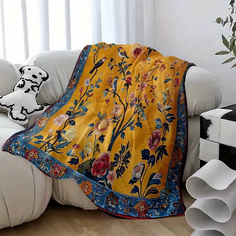 Golden Yellow Vintage Bird Peony Floral Border Flannel Throw Blanket,Soft Blanket For Sofa Room, Oriental Floral Home Decor Gift