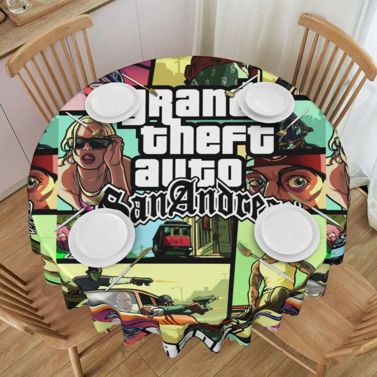 Grand Theft Auto San Andreas Tablecloth Round Oilproof GTA Video Game Table Cloth Cover for Banquet 60 inches