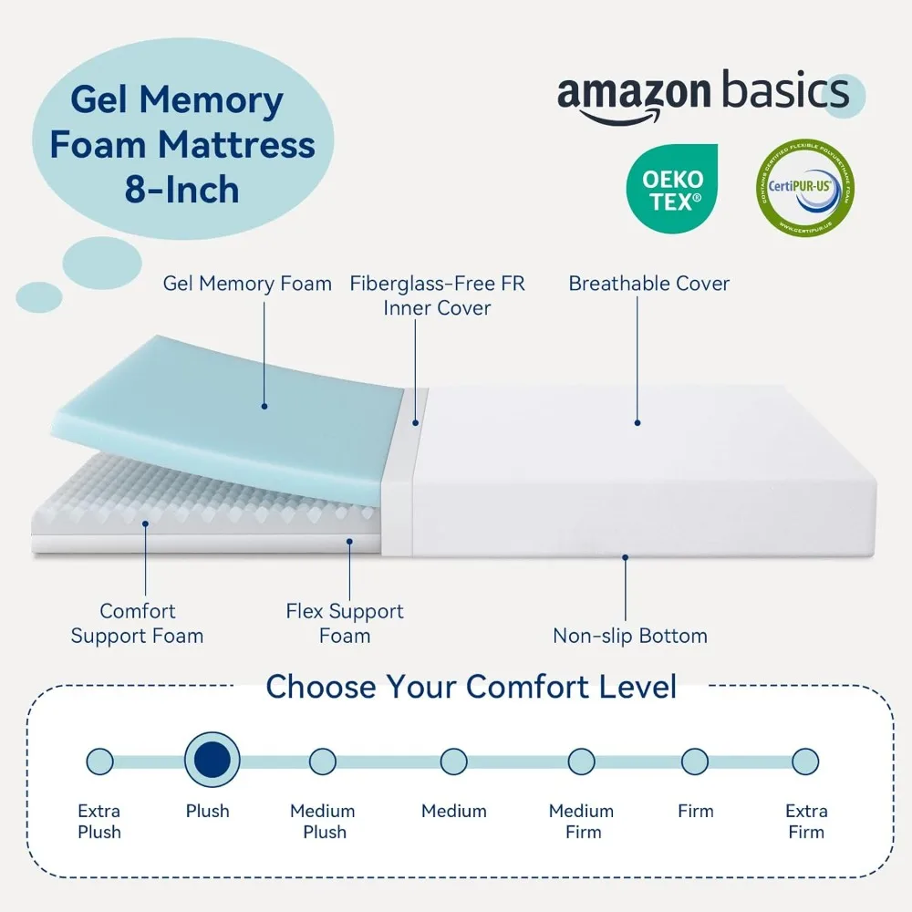 Single mattress, memory sponge and Plush-Feel, perfect for side sleep, 8 inches, white and grey