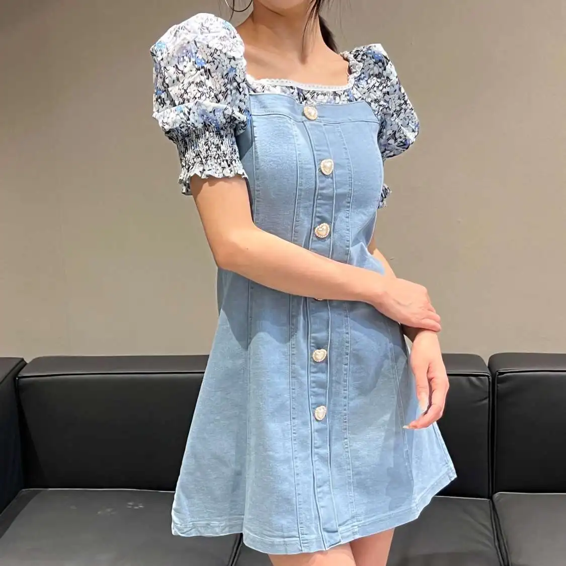 

2025 Summer Women's Square Neck A-line Denim Dress Floral Patchwork Puff Short Sleeve Zipper Slim Fit Casual Youthful Mini Dress