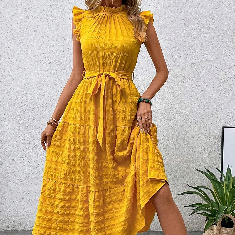 

Yellow Women's Summer Holiday Beach Maxi Dress Sexy Flying Sleeveless Lace Up Elegant Sundress Ruffles Long Dresses Vestidos
