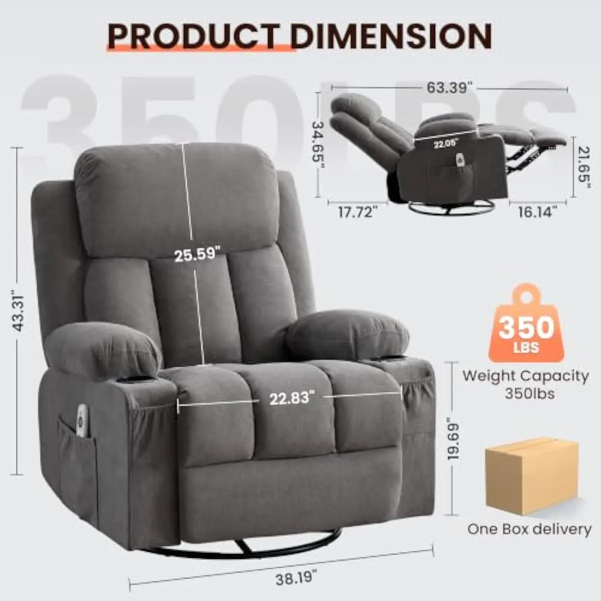 Swivel Recliner Chair with 360° Rotation Rocking Motion Up to 150° Backrest Tilt Vibration Massage Across 8 Zones Dual Heat Sett