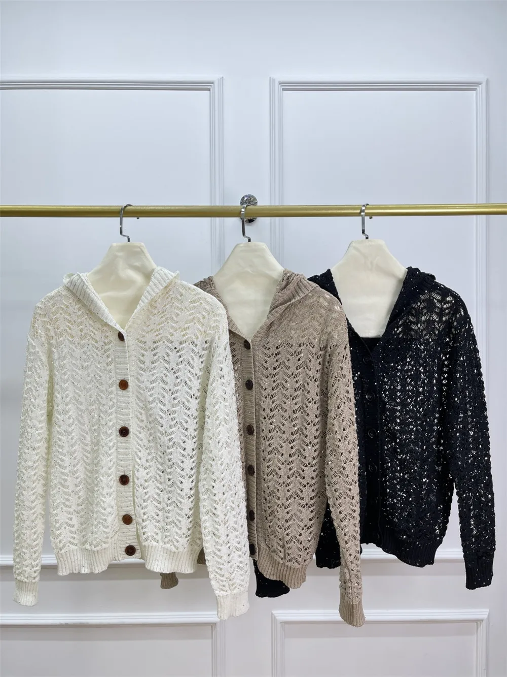

25 Spring Summer Women Hooded Cardigan Hollow Sequin Loose Long-Sleeved Knitted Jacket Sweater
