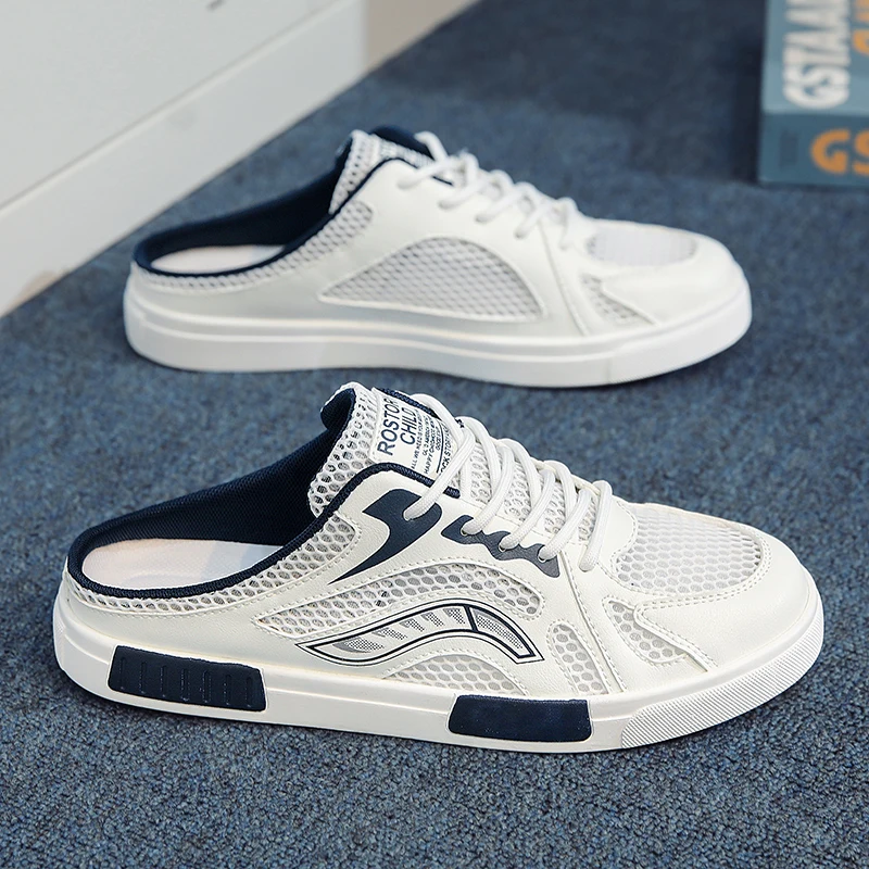 Big Size 47 Mesh Men Mule Slippers Backless Loafers Open-back Flat Sneakers Slide Sandals Summer 2026 Slip On Skate Board Shoes