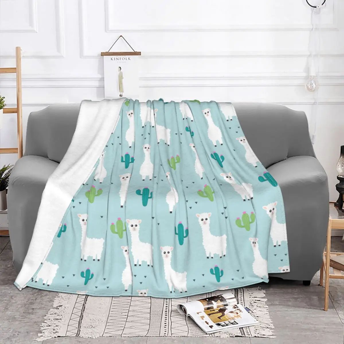 Cute Animals Llama Alpaca Cactus Blankets Fleece All Season Breathable Super Soft Throw Blankets for Bedding Office Bedspreads