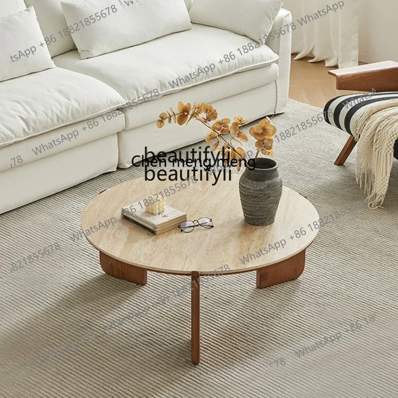 ss8350 Travertine rock slab round coffee table solid wood living room surprise quiet wind small tea table