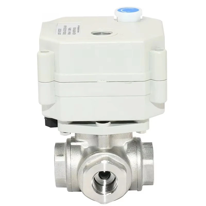 3-Way DN8/DN10/DN15 صمام كروي من الفولاذ المقاوم للصدأ بمحرك تحكم كهربائي 9-24VAC/DC أو 110-230VAC صمام تشغيل/إيقاف إرجاع تلقائي