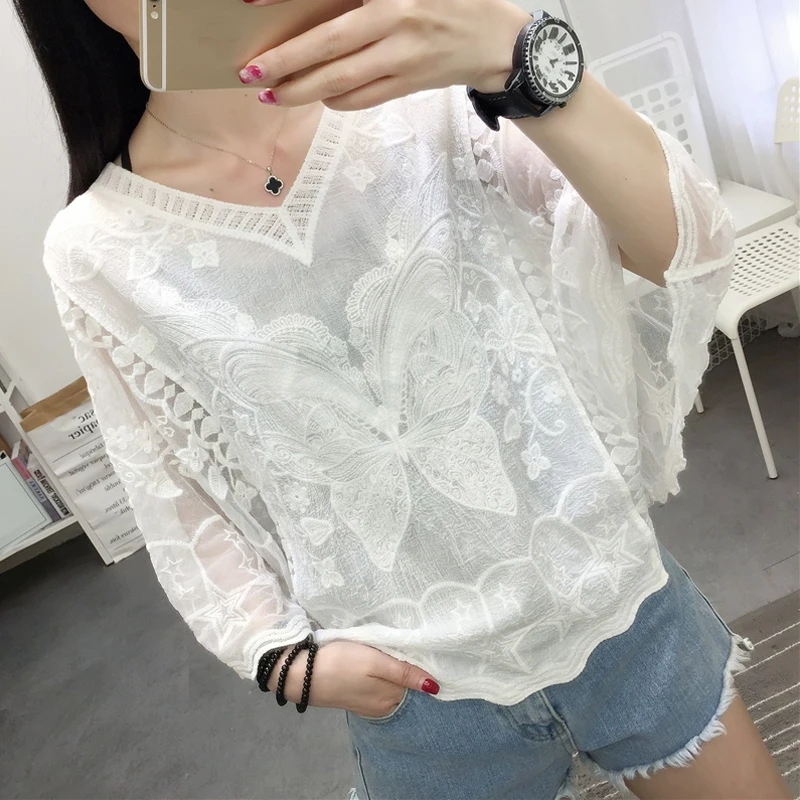 2024 Flare Sleeve Embroidery Lace White Blouse Woman Summer Elegant Women Shirt Casual O-neck Tops Blusas Female Clothing 25897