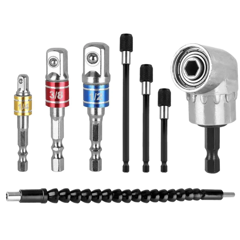 

A96I-8Pcs Right Angle Driver Drill Right Angle Drill Extension Bar Hex Shank Screwdriver Holder Bit Flexible Angle Tool Set