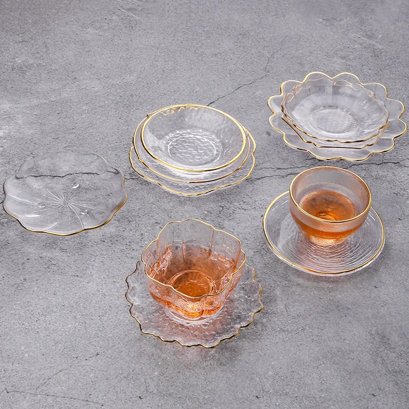 Japanese Style Glass Tea Cup Saucer Mat Pad with Gold Rim, Kung Fu Tea Coffee Coaster, Jewelry Storage Trinket Dish