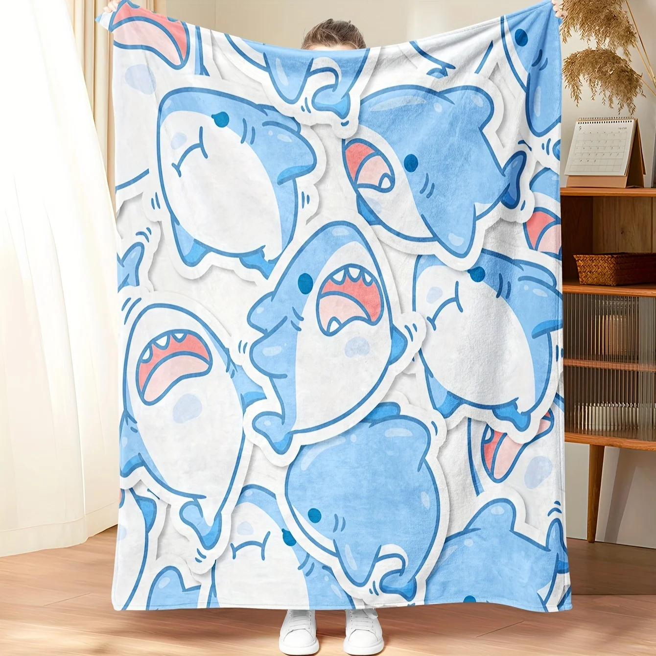 Simple Cartoon Light Blue Shark Stickers All Over Plain White Base Fleece Blanket Cozy Throw For Bed Travel Dorm Kid Ocean Decor
