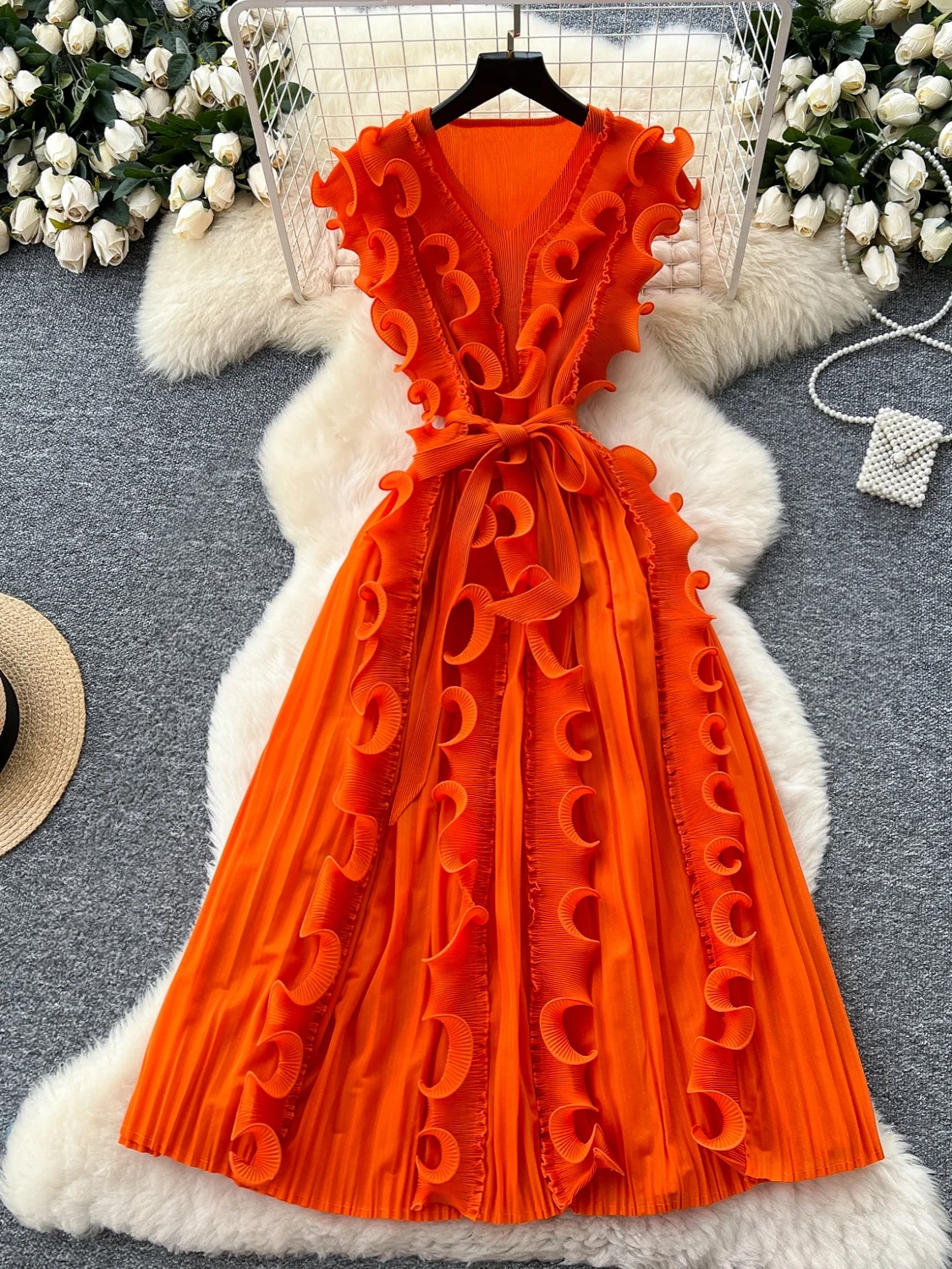 Rétro plissé été Dr femmes Faionable 2025 taille haute a-ligne jupe Midi ruban Svel taille cintrée longue Dr