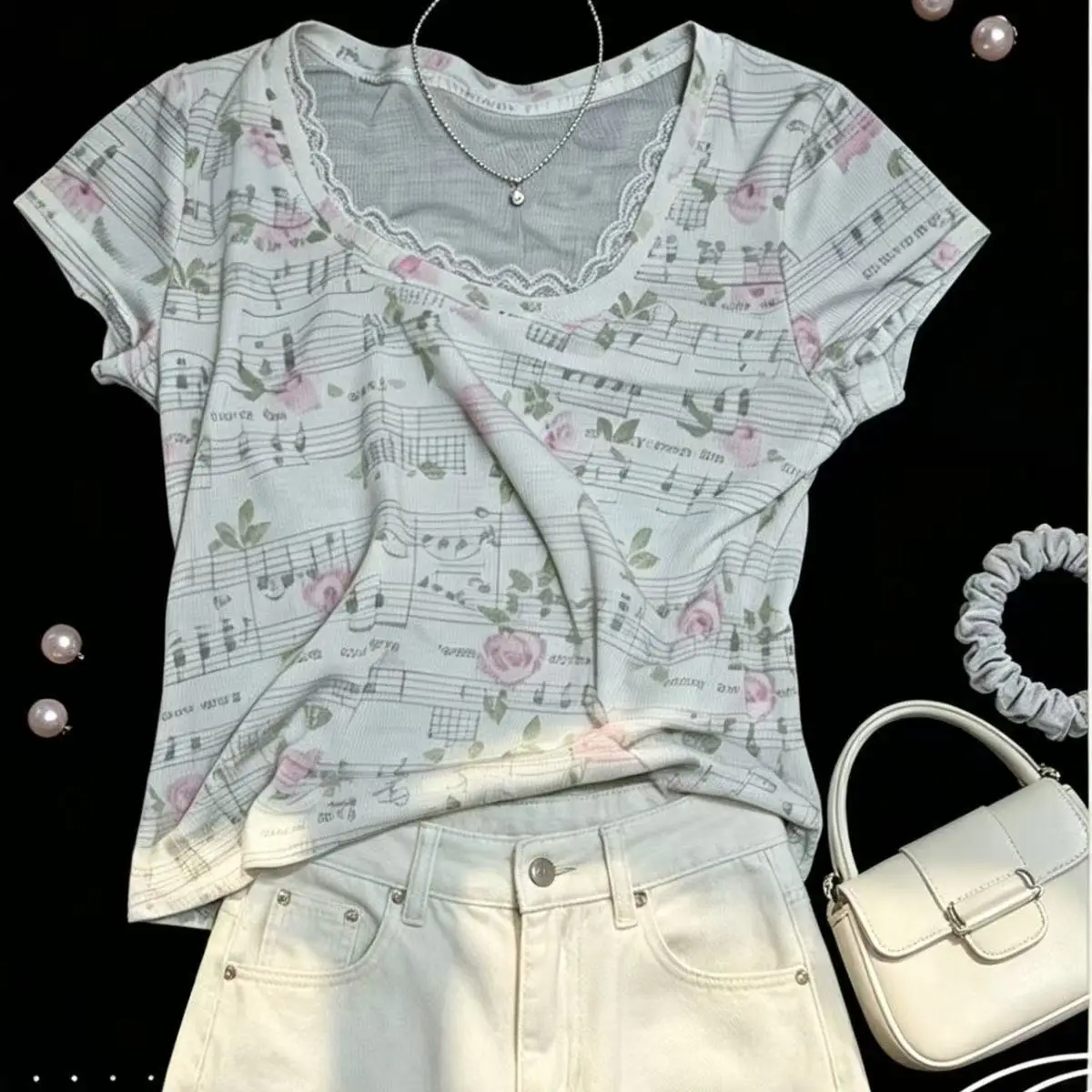 Coquette Women Short Sleeve Tee Music Note Floral Print Lace V Neck Slim‑Fit Y2K Sweet Summer Casual Streetwear Party Tops