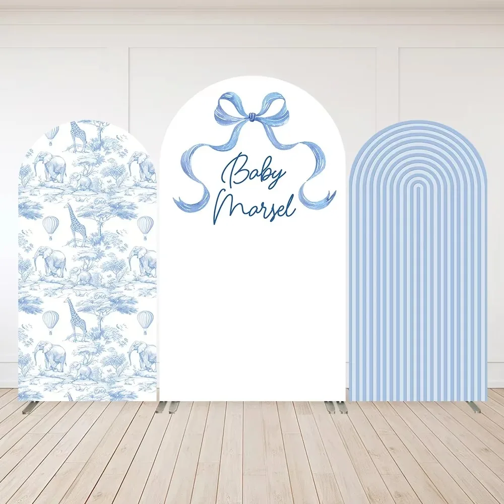 Baby in Bloom Arch Backdrop Cover Kids Birthday Party Blue Bows Stripes Safari Giraffe Baby Shower Arched Background