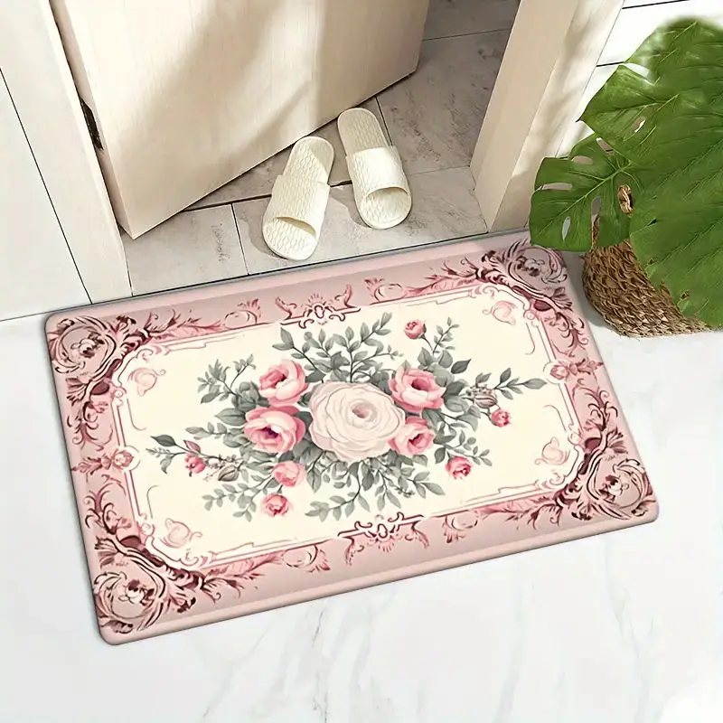 Sweet Rose Print Doormat Non-slip Floral Print Rug Indoor Entrance Door Mat for Bathroom Laundry Room Bedroom Bedside Floor Mat