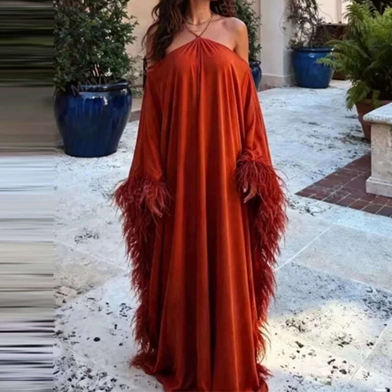 Temperament Hang Neck Off Shoulder Banquet Evening Dress Chic Feather Splice Sleeveless Dress Casual Solid Backless Loose Dress