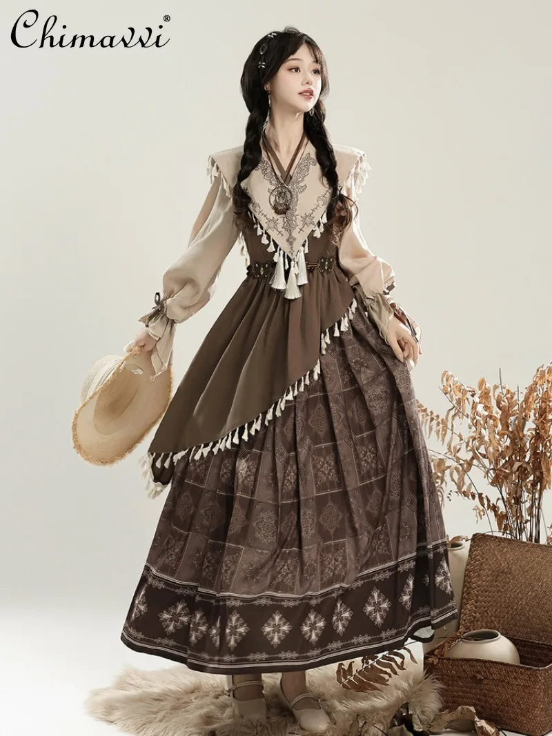 

Original Chinese Style Retro Fake Collar Lantern Long-sleeved Dress Set Spring New Women's Cos Temperament Two-piece Set