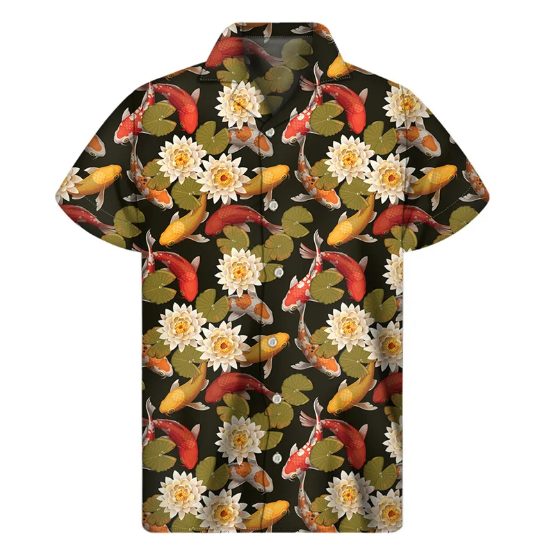 Vintage Chinese Koi Carp Hawaiian Shirts For Men 3D Print Fish Lapel Shirt Summer Street Loose Button Short Sleeves Blouse