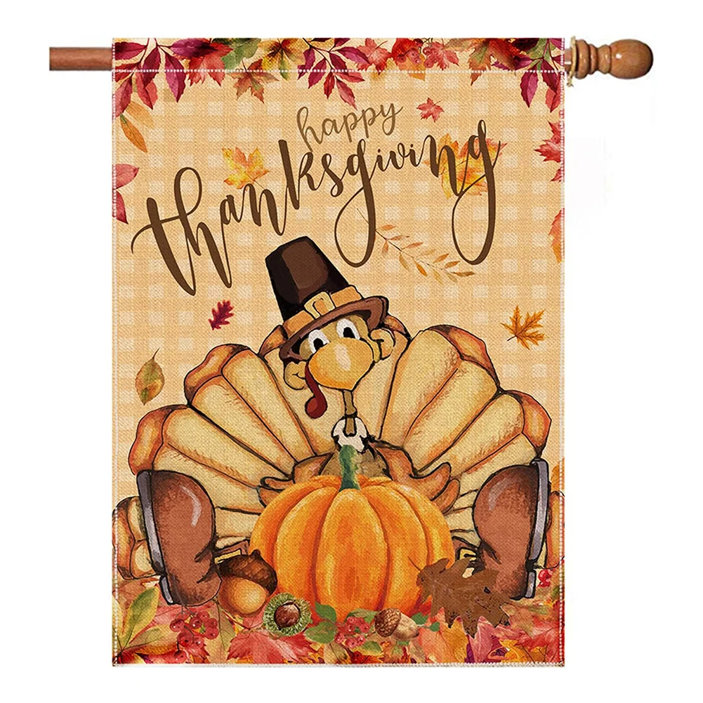 Lively Autumn Themed Garden Banner Displaying Beautifully Crafted Turkeys Maple Leaves & Pumpkins for Festivities