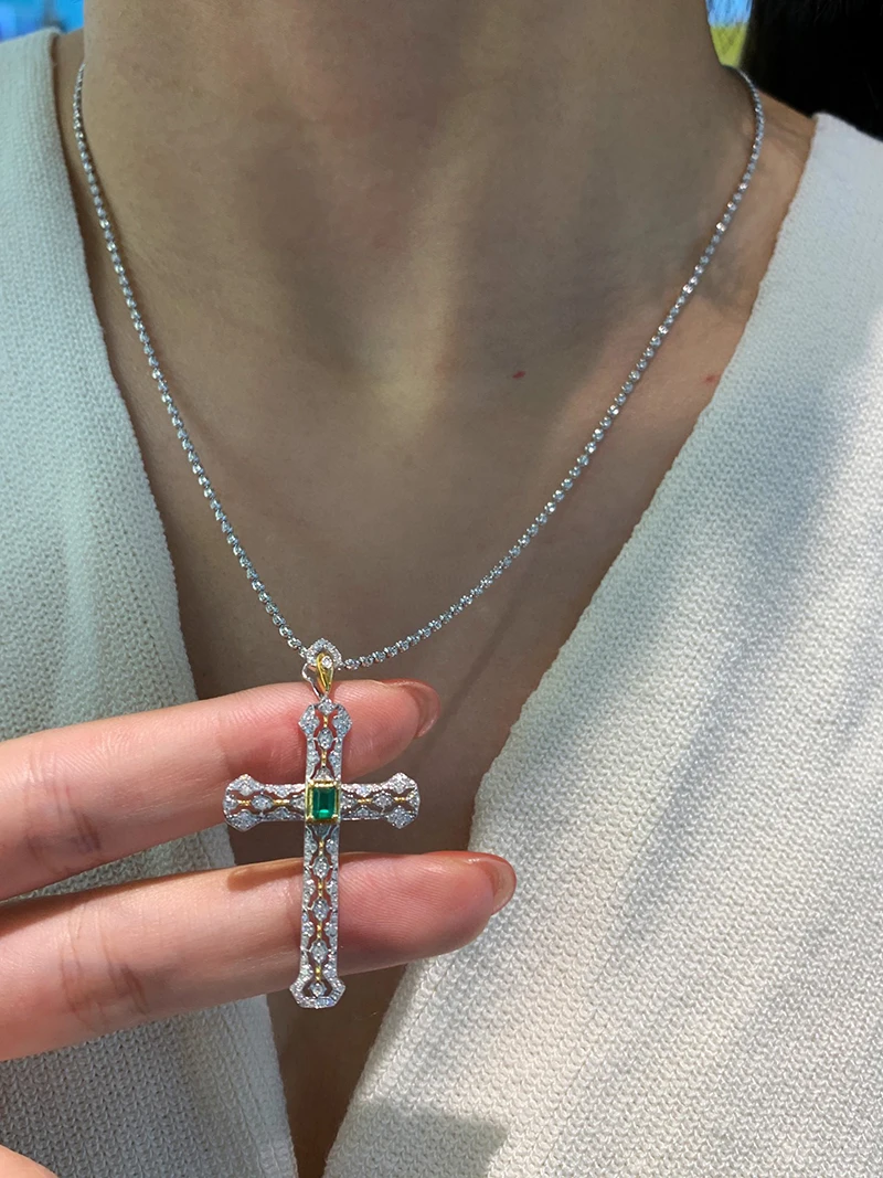 Kugg 100% 18k branco + pingente de ouro amarelo feminino vintage estilo cruz luxo diamante natural esmeralda pedra preciosa colar pingente