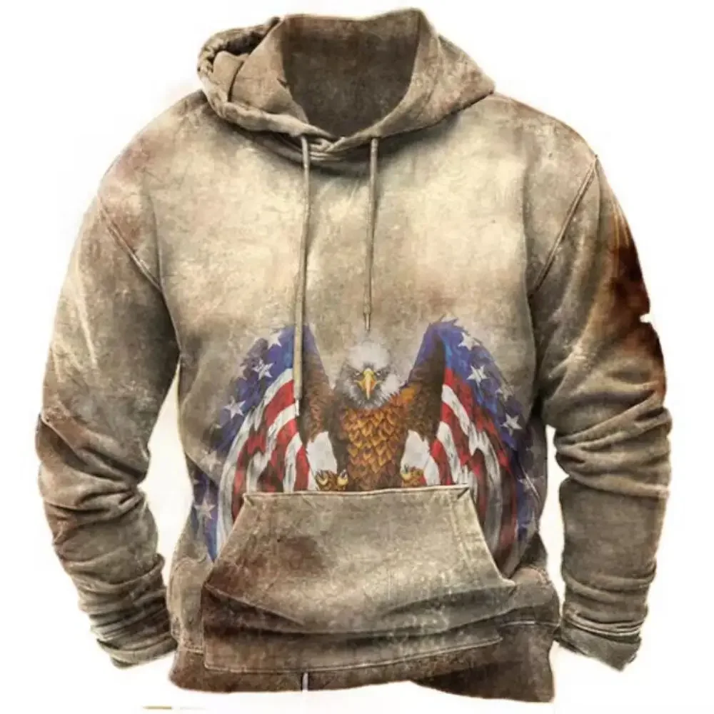2024 American Flag Graphics Retro 3D Men's Hoodie Sweatshirt Street Hoodie Oversized Clothes Pullover Casual Hooded Jacket