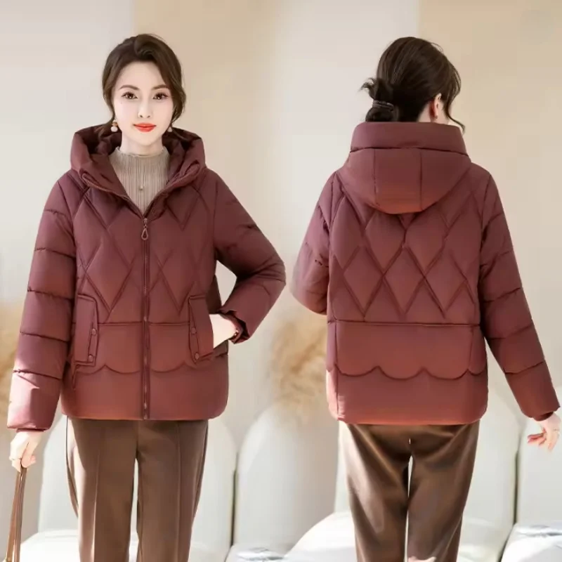 Korean Hooded Short Down Cotton Jacket Women Autumn Winter 2026 New Solid Cotton-Padded Warm Loose Casual Outwear
