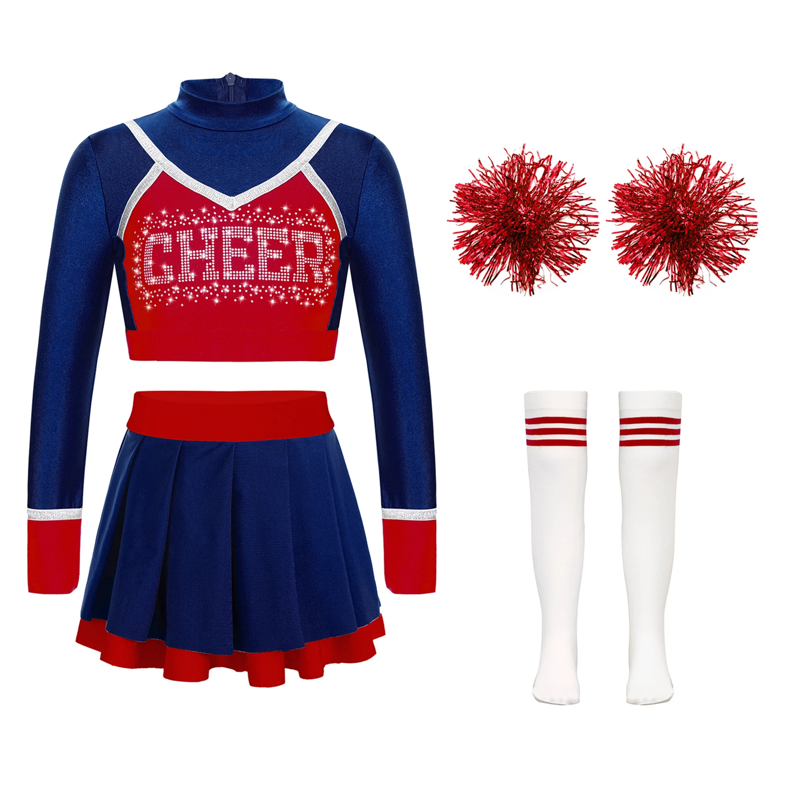 School Girls Cheerleading Dance Outfits Kids Halloween Cheerleader Performance Uniforms Long Sleeve Crop Top with Pleated Skirt