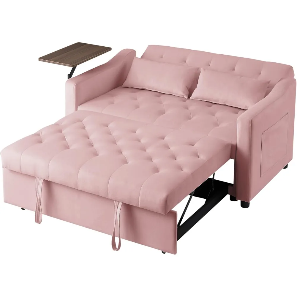 Convertible Sleeper Sofa Bed with Swivel Table, Adjustable Backrest, Side Pocket, Velvet Loveseat Futon for Small Spaces