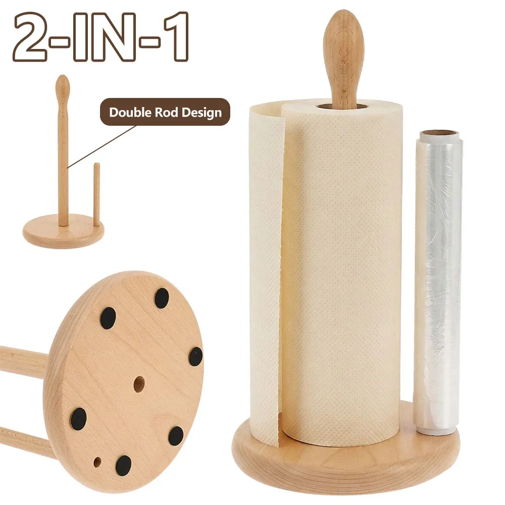 

2-in-1 Wooden Paper Towel Holder with Cling Film Secondary Pole Vertical Double Rod Paper Towel Rack Kitchen Towel Roll Holder