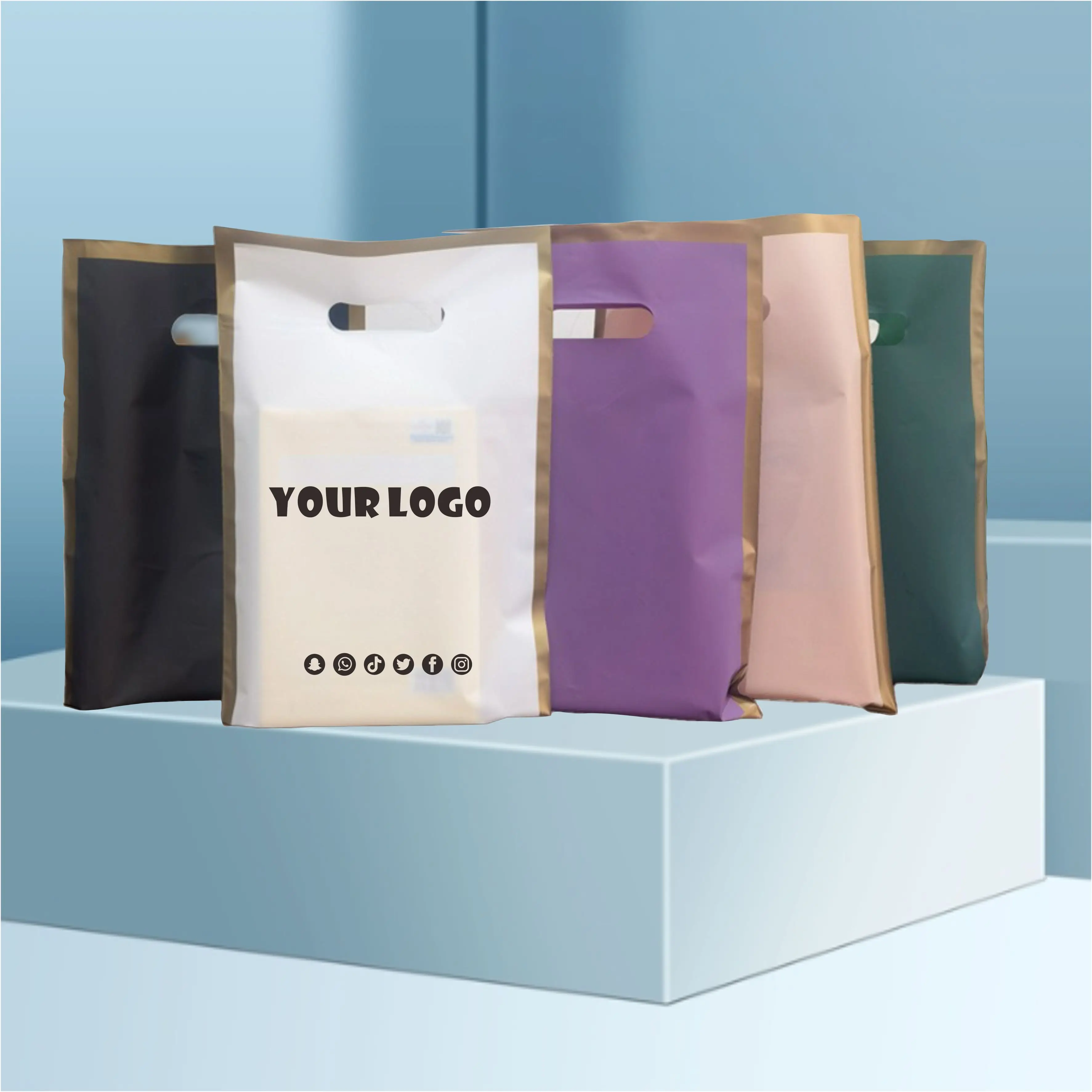 Customized Frosted Gold Edged Portable Plastic Bags for Clothing Stores, Customized Logos, Gift Packaging, Shopping Bags, 100P