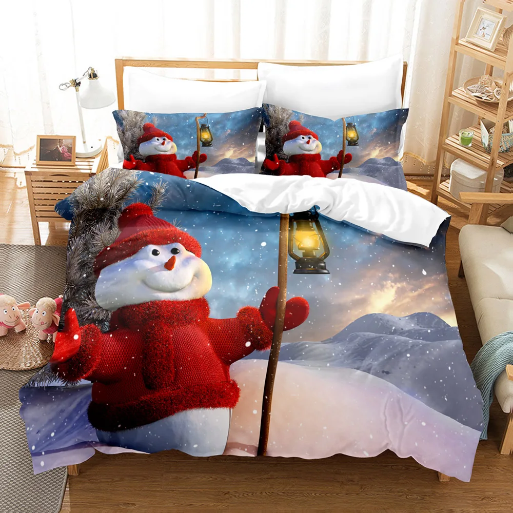 

Christmas Duvet Cover Set Skating Happy Snowman Xmas Tree Cheerful Ornate Snowflakes Decorative Bedding Set with Pillow Shams