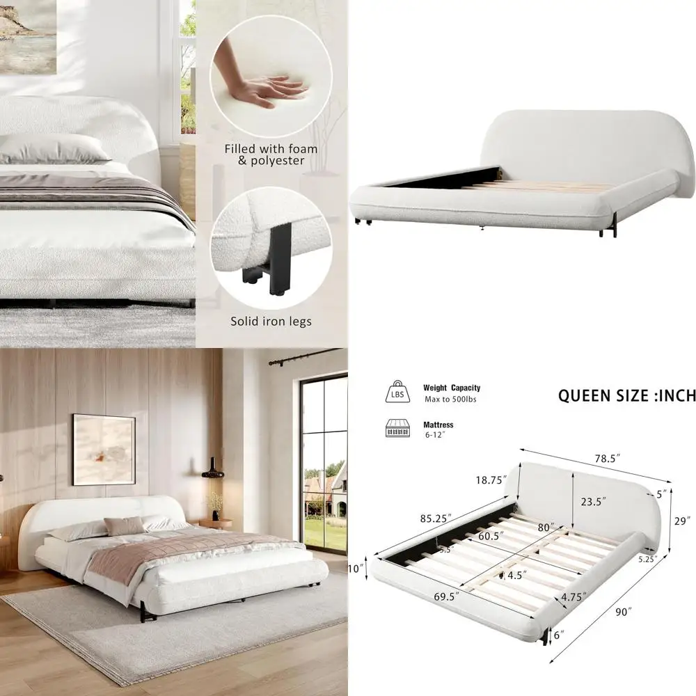 

Кровать Queen Size Cloud с утолщенным основанием из букле, стальными ножками, обитой тканью платформой, низким профилем, подходит для детей и взрослых, белого цвета.