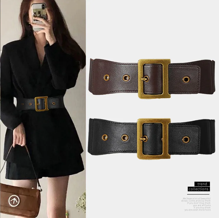 

Women Genuine Leather Corset Belt Elastic Wide Belt Waist Cincher with Metal Buckle, Stretchy Waistband for Dress, Suit, or Coat