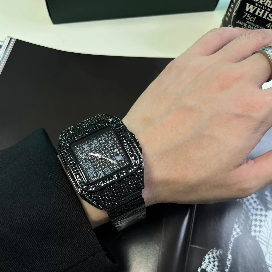 Gold or Black Watch Ice Out Square Wristwatch For Men Top Brand Luxury Full Diamond Mens Watches Waterproof Hip Hop Clock view 4