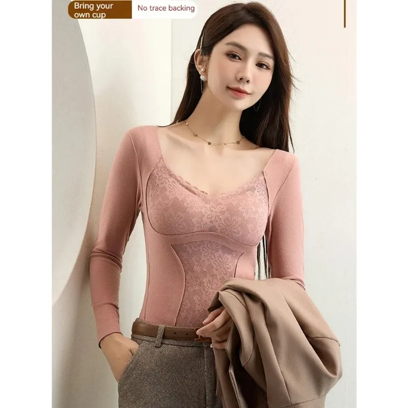 

Новая зимняя высококачественная бархатная утолщенная кружевная рубашка с v-образным вырезом, теплая термостойкая рубашка с длинными рукавами и подушкой на груди, осенняя одежда