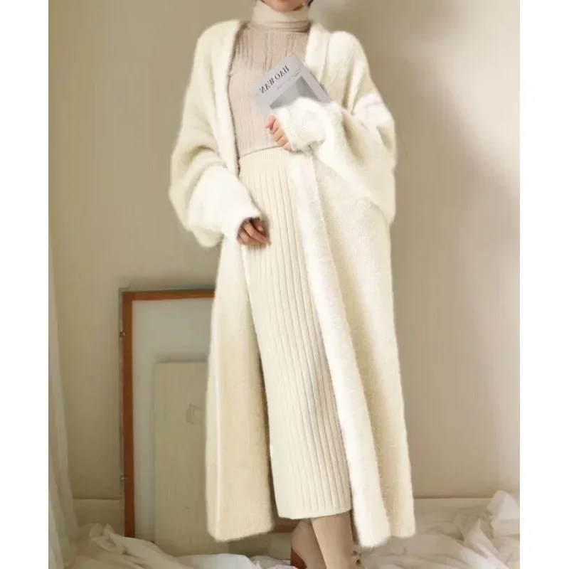 Pink Long Cardigan for Women Faux Mink Cashmere Cardigan Knitted Fluffy Long Sleeve Sweaters for Women Open Front White Cardigan