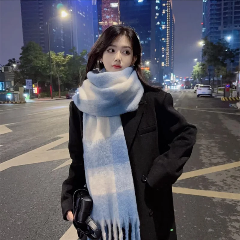 Imitation Cashmere Plush Scarf Ladies Winter Warm Scarf Oversized Windproof Outdoor Plaid Tessel Shawl Scarf Soft Thickened