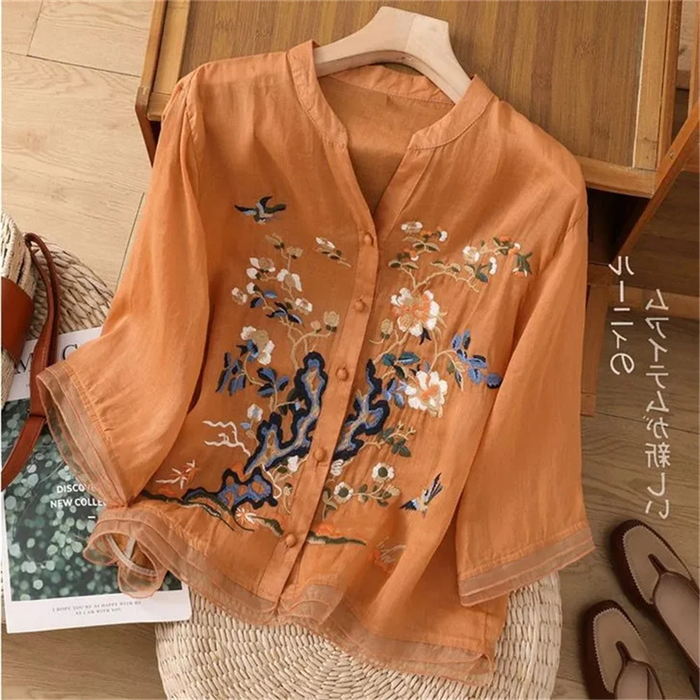 High-grade Cotton and Linen Jacket Women\'s Summer Embroidered Cardigan Shirt new Chinese National Style Stitching Button Shirt