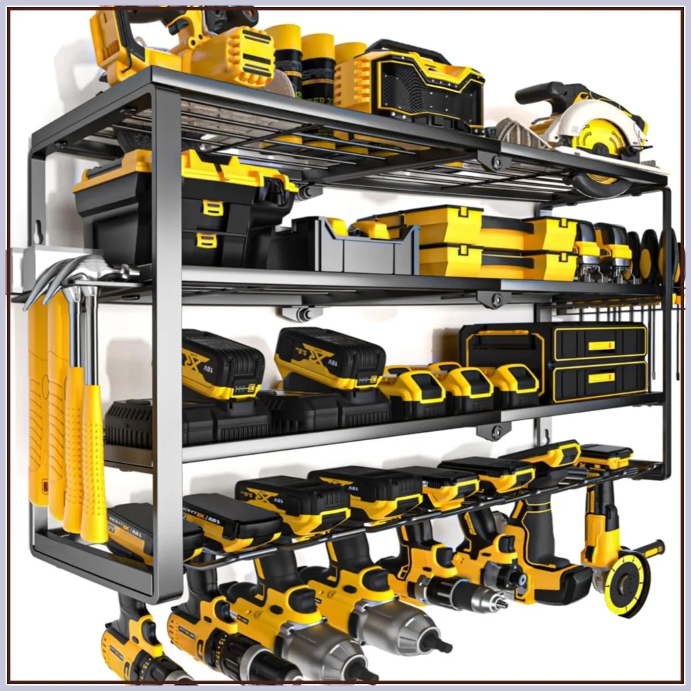 

4 Layer Wall Mount Tool Organizer with Charging Station, Drill Hanger Storage Rack for Garage Workshop - 32 Inch 8 Slots