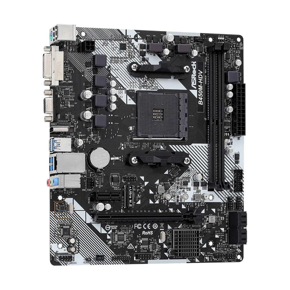 اللوحة الأم ASROCK B450M-HDV AMD B450 شرائح وحدة المعالجة المركزية تدعم Ryzen 9 5950X Ryzen 7 5800X3D، 2 x DDR4 64GB Micro ATX