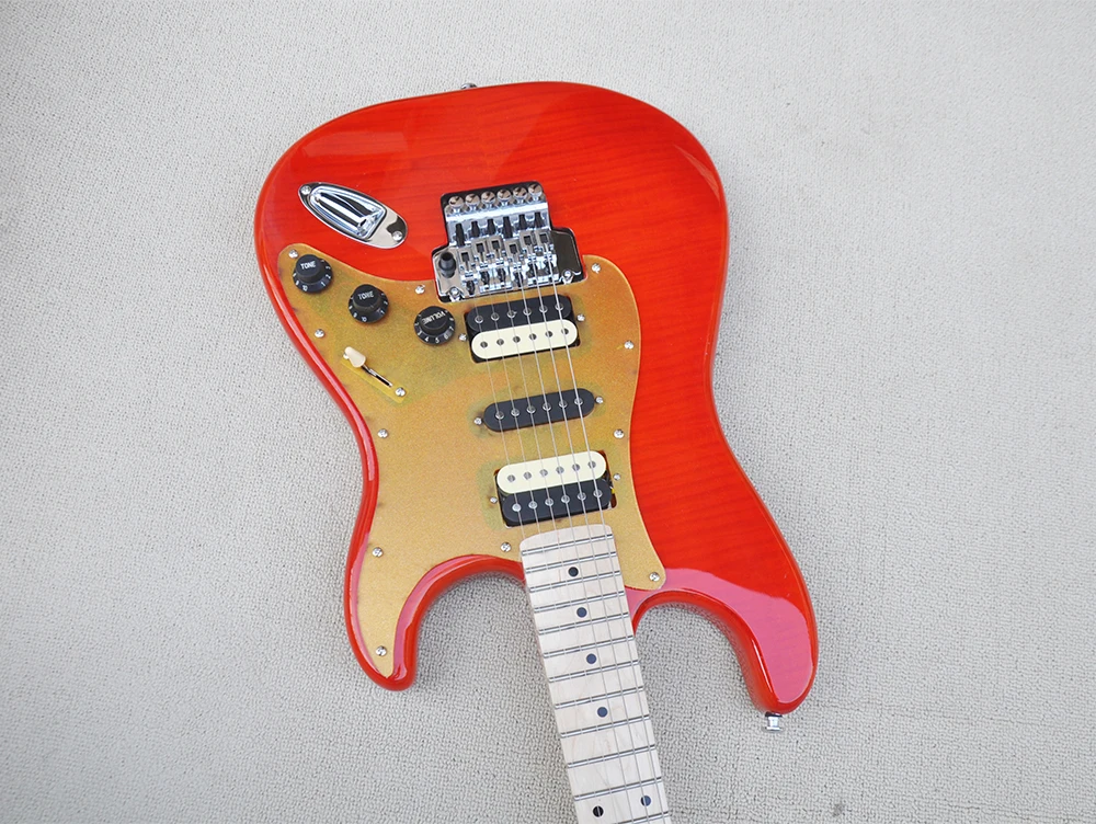 6 Strings Red Electric Guitar with Reverse Headstock,Flame Maple Veneer.Maple Fretboard