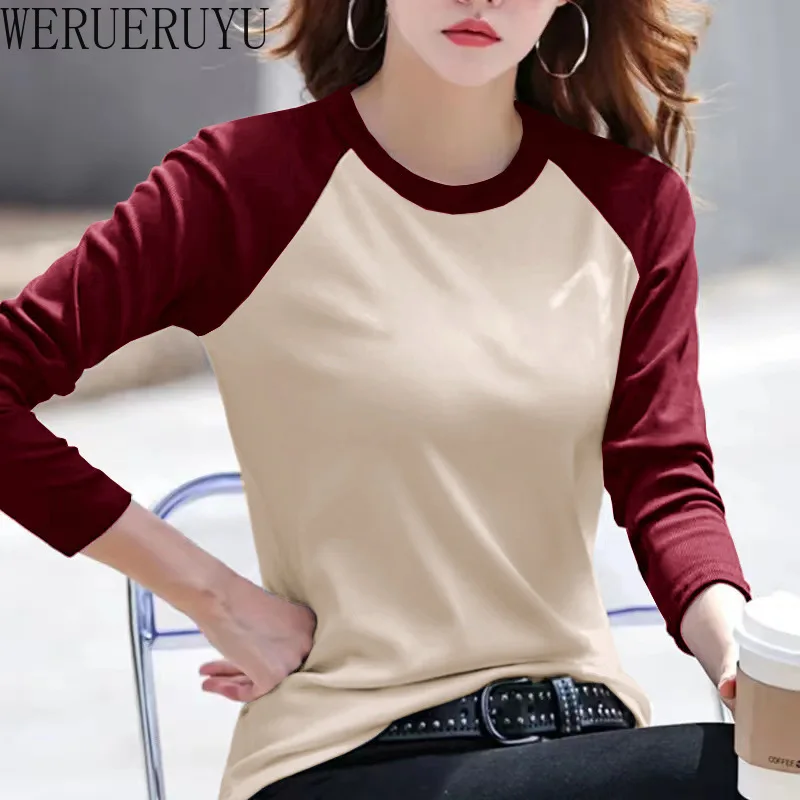 Long Sleeve T-shirt Womens Y2k Clothes Autumn Winter Harajuku Casual Tops Solid Color Stitching Elegant T-shirts for Women 2025