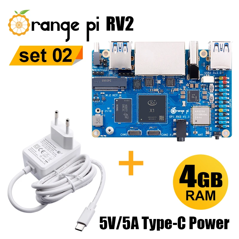 Orange Pi RV2 4GB LPDRR4X Single Board Computer+5V5A Type-C Power Supply 2pcs Sets