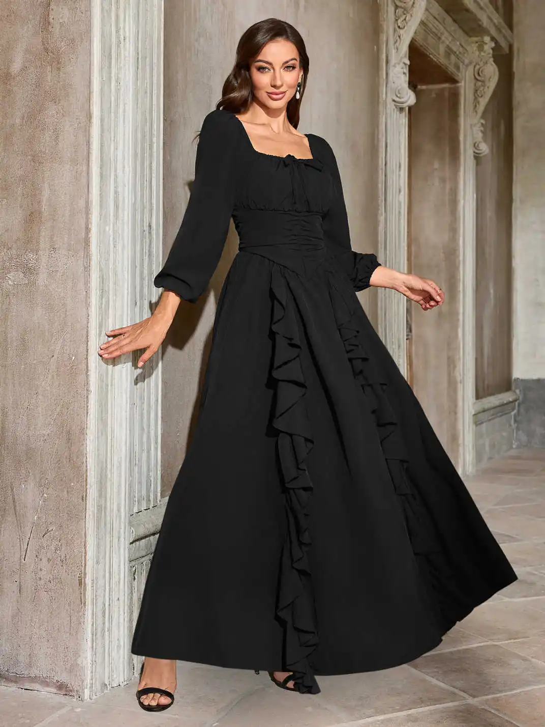 Renaissance Mittelalterkleid Damen Ren Faire Kleid, quadratischer Ausschnitt, lange Puffärmel, gesmoktes Oberteil, Rüschendetails